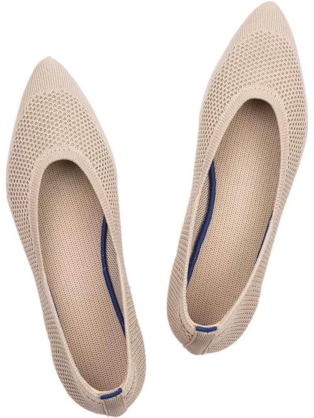 Women's Ecru/Mesh Comfort Pointed Toe Softable Pull On Knit Casual Flat Shoes